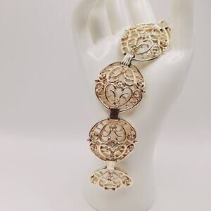 Vintage Gold Tone Openwork Link Bracelet 7.75” Fold Over Clasp